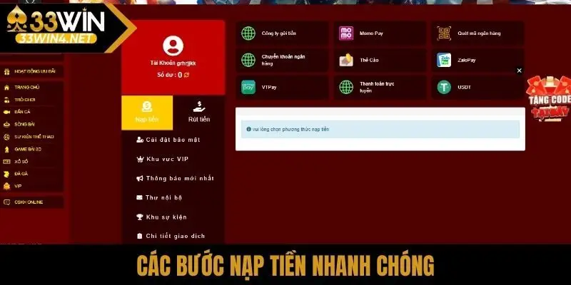 Các bước nạp tiền nhanh chóng